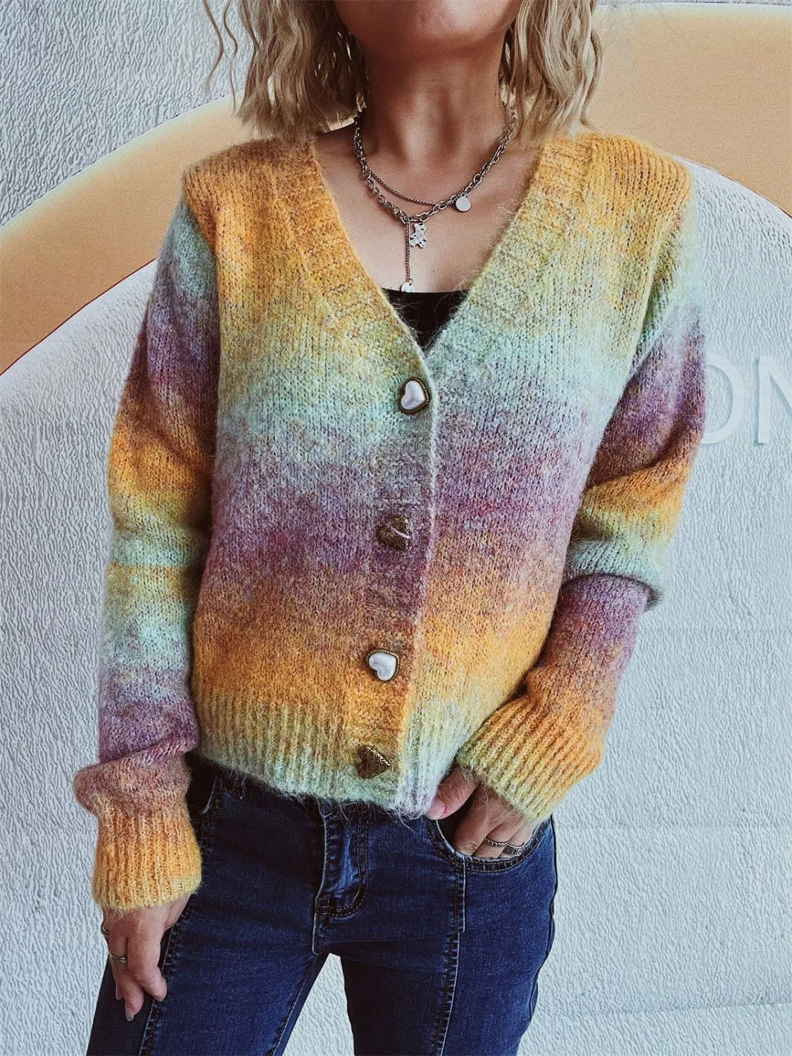 🌟 Gradient Heart Shape Button V-Neck Cardigan 🌟