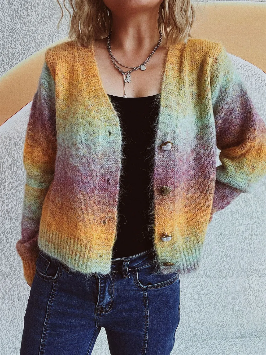 🌟 Gradient Heart Shape Button V-Neck Cardigan 🌟