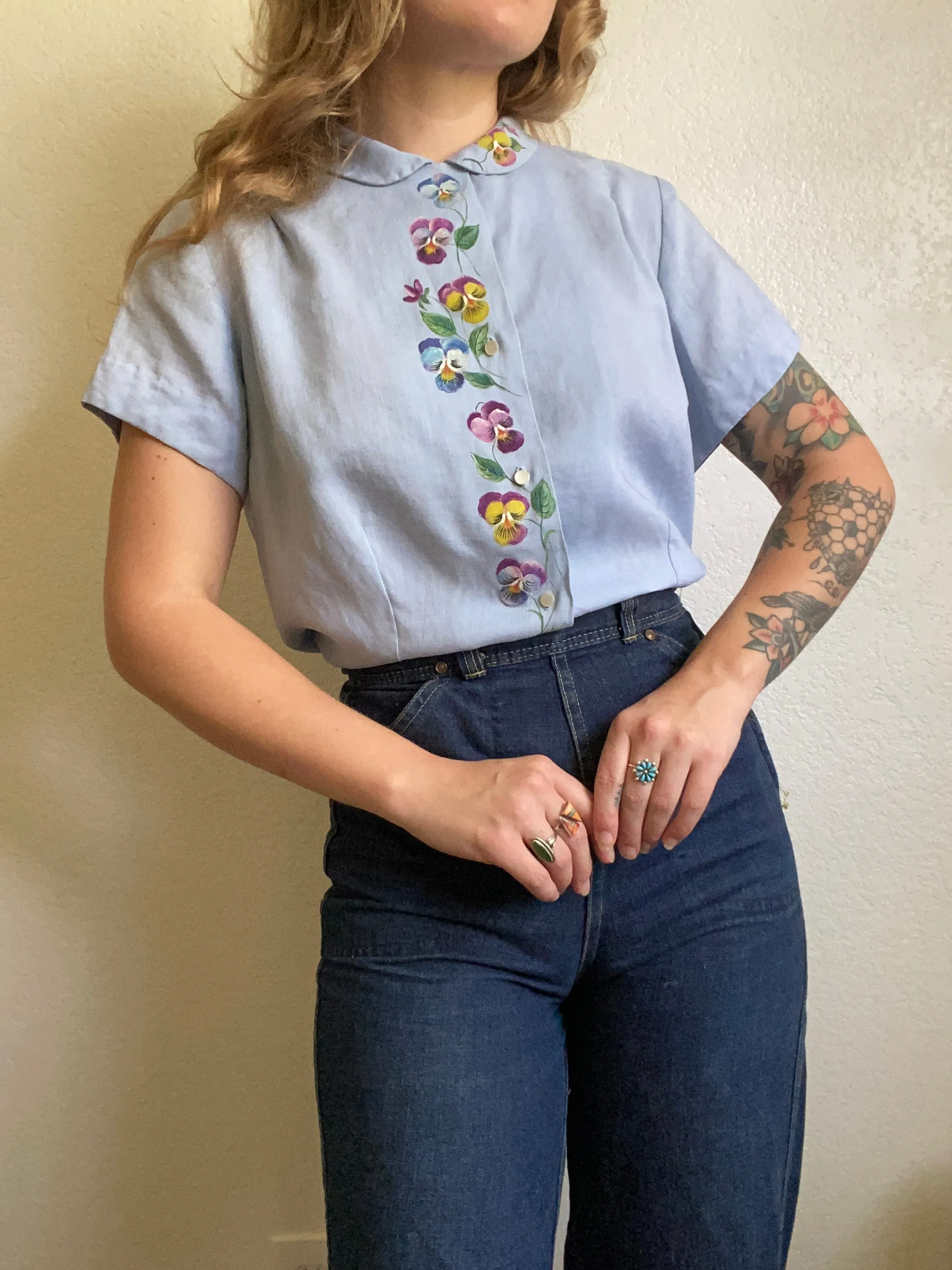 1940s Irish Linen Hand Painted Floral Blouse