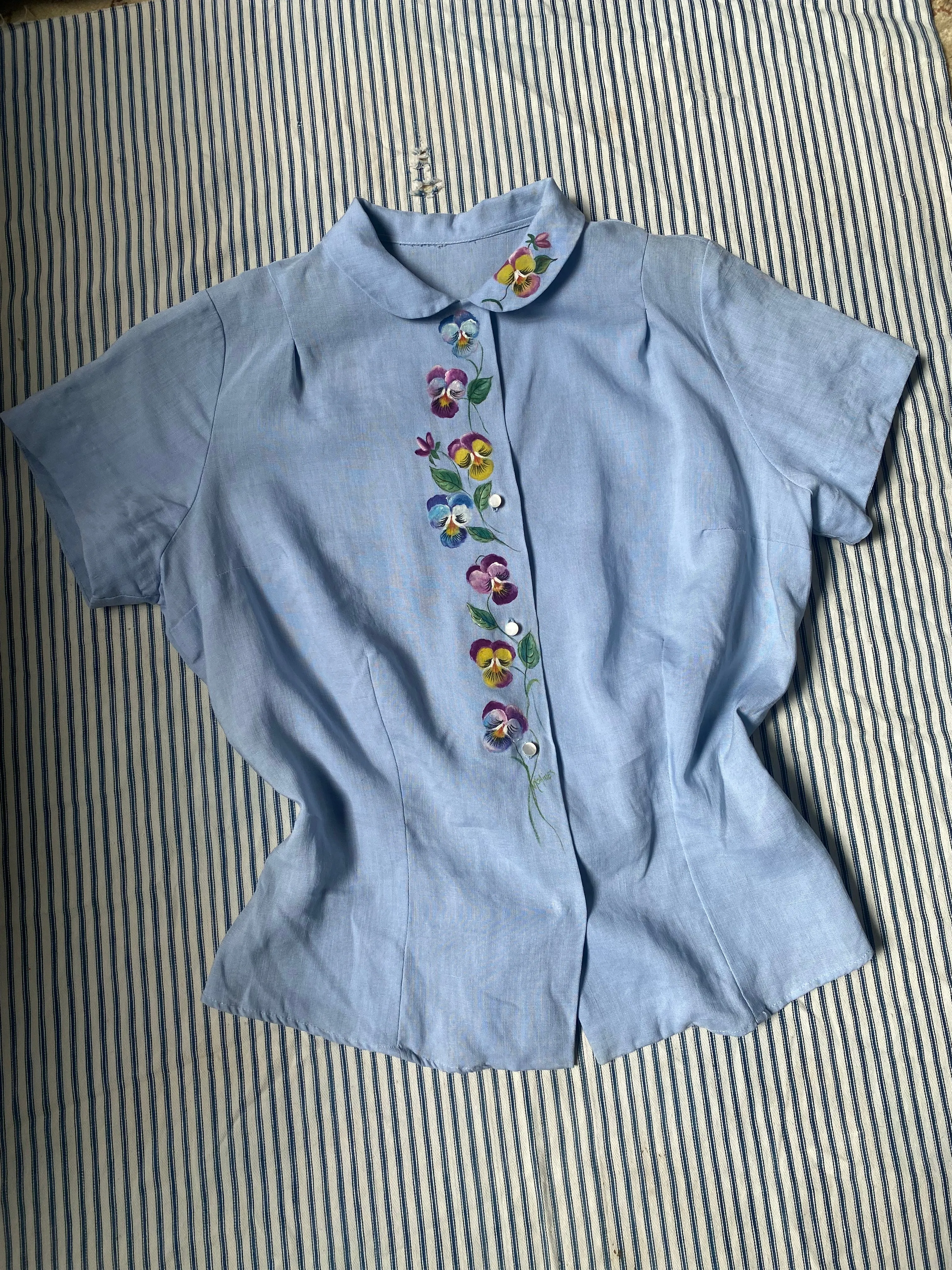 1940s Irish Linen Hand Painted Floral Blouse