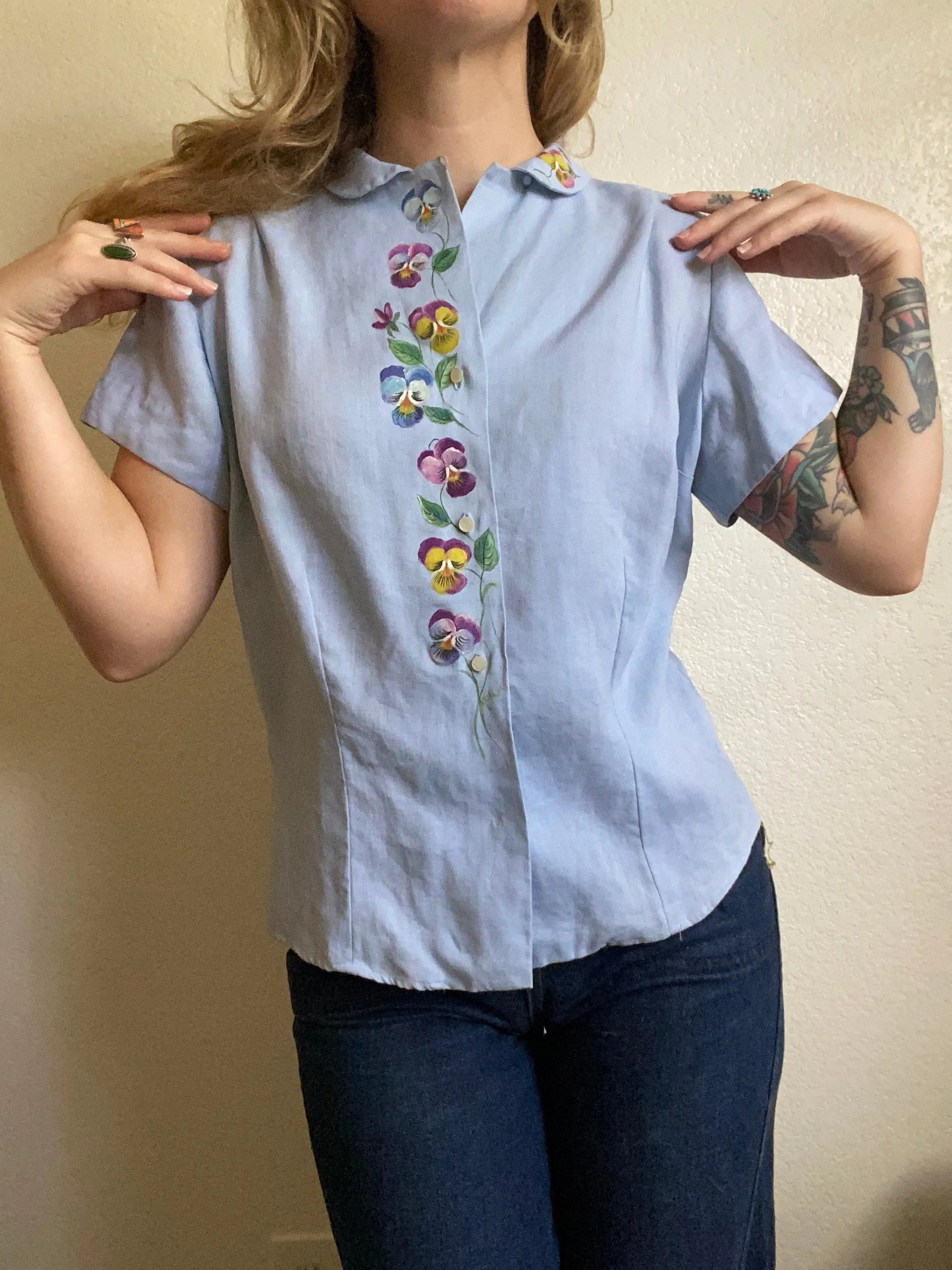 1940s Irish Linen Hand Painted Floral Blouse