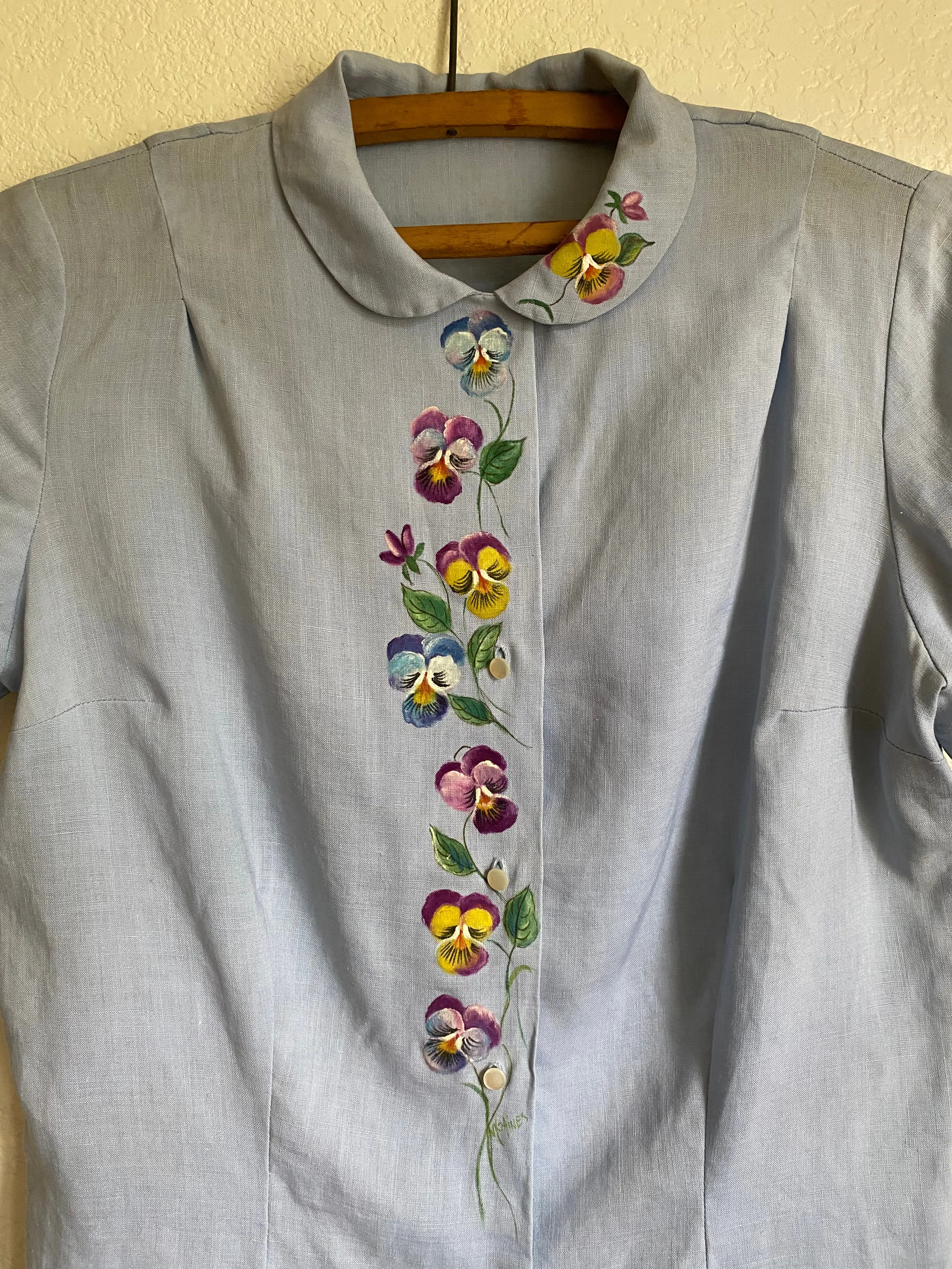 1940s Irish Linen Hand Painted Floral Blouse