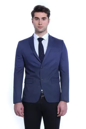 2 Button Mono Lapel Plain Cotton Navy Blue Jacket-Wessi