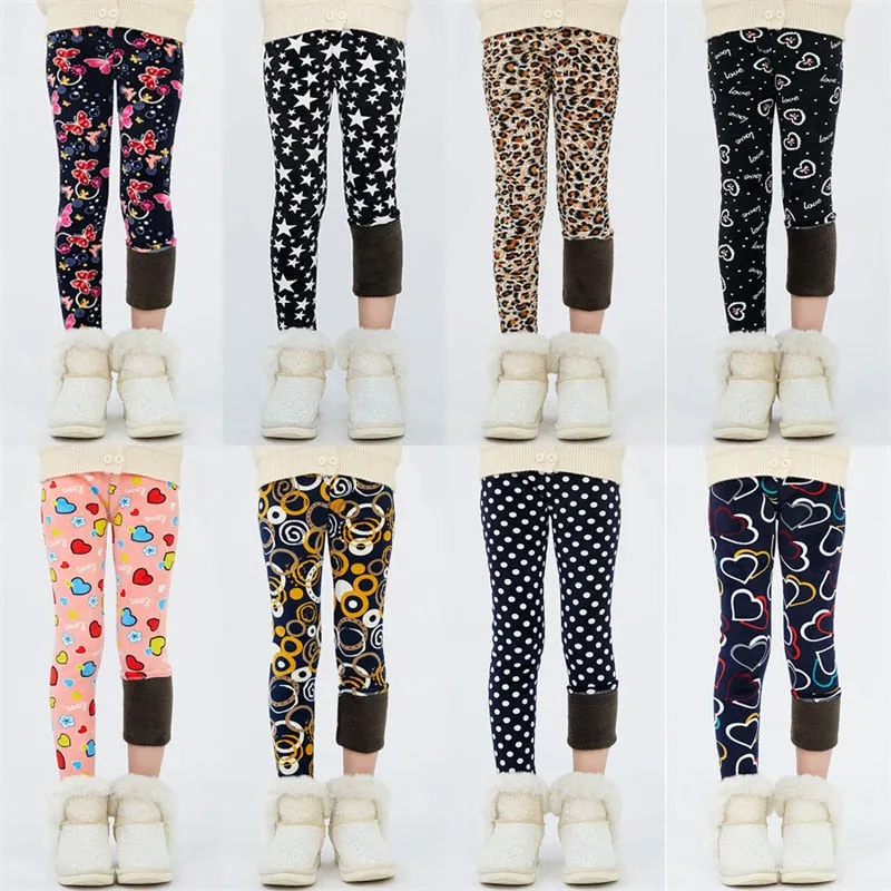 4-13Y Girls Pants Winter Trousers Warm Leggings Thicken Velvet Star Print Kids Pants