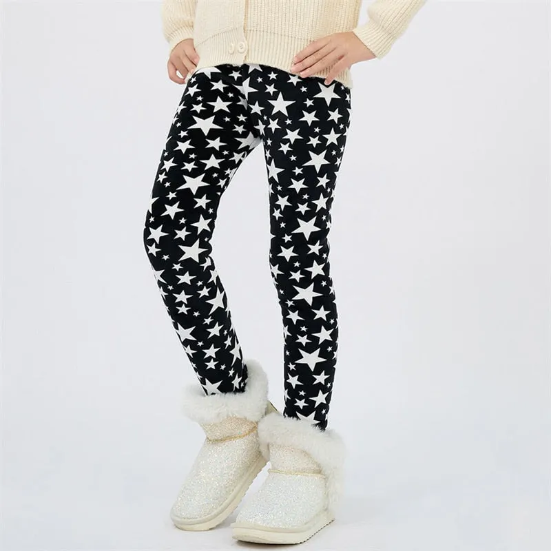 4-13Y Girls Pants Winter Trousers Warm Leggings Thicken Velvet Star Print Kids Pants