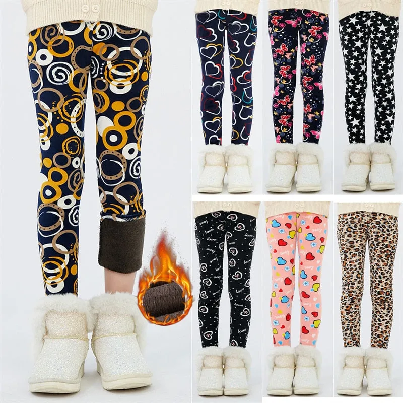 4-13Y Girls Pants Winter Trousers Warm Leggings Thicken Velvet Star Print Kids Pants