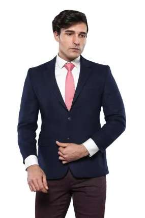 4 Drop Wool Navy Blue Men Blazer - Wessi