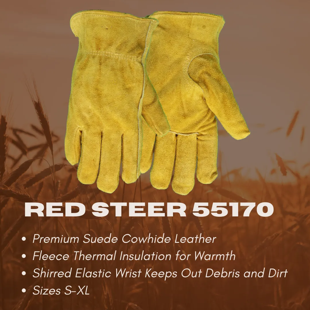 55170 FLEECE SUEDE COWHIDE THERMAL LINED GLOVES - SHIIRRED ELASTIC WRIST - SIZES S-XL