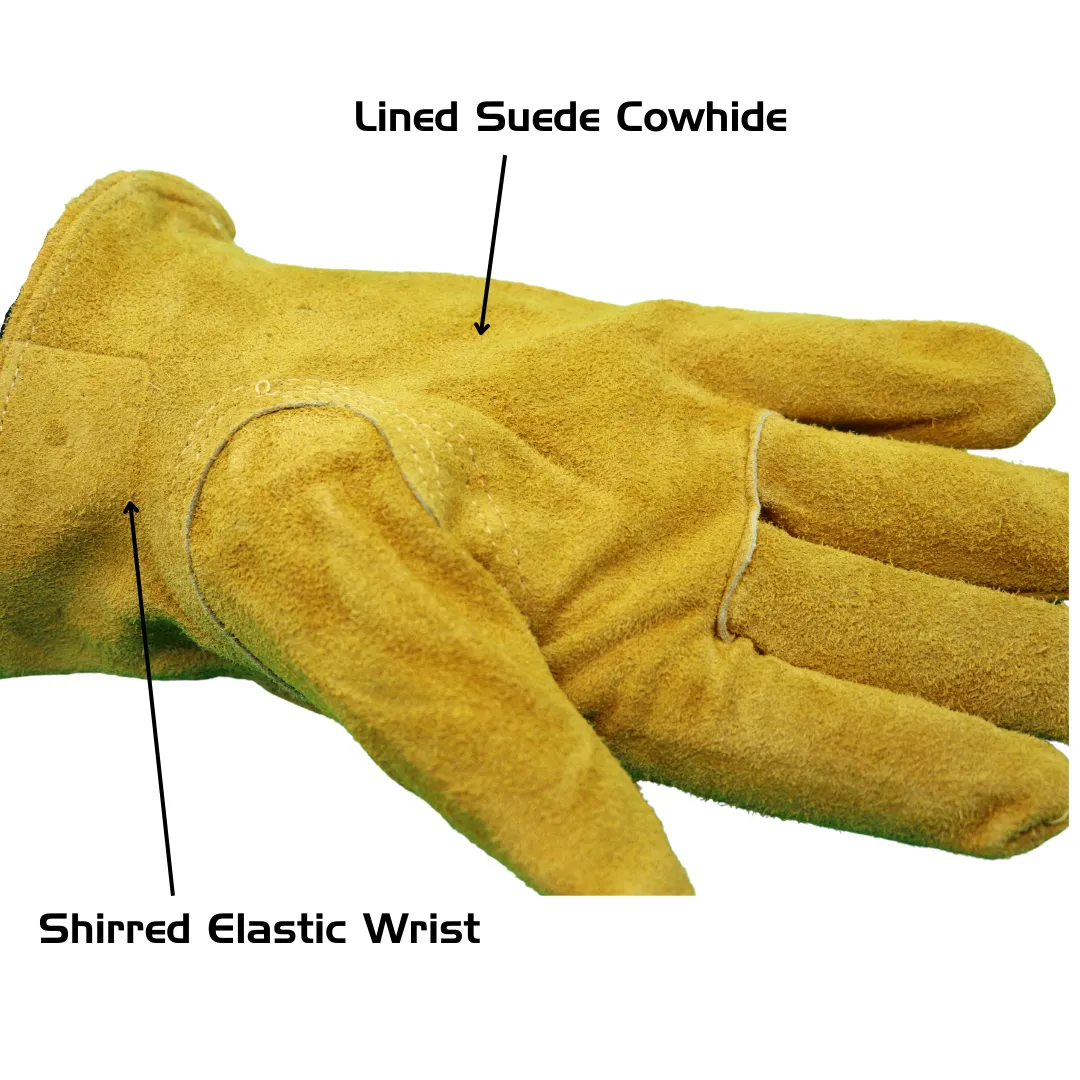 55170 FLEECE SUEDE COWHIDE THERMAL LINED GLOVES - SHIIRRED ELASTIC WRIST - SIZES S-XL