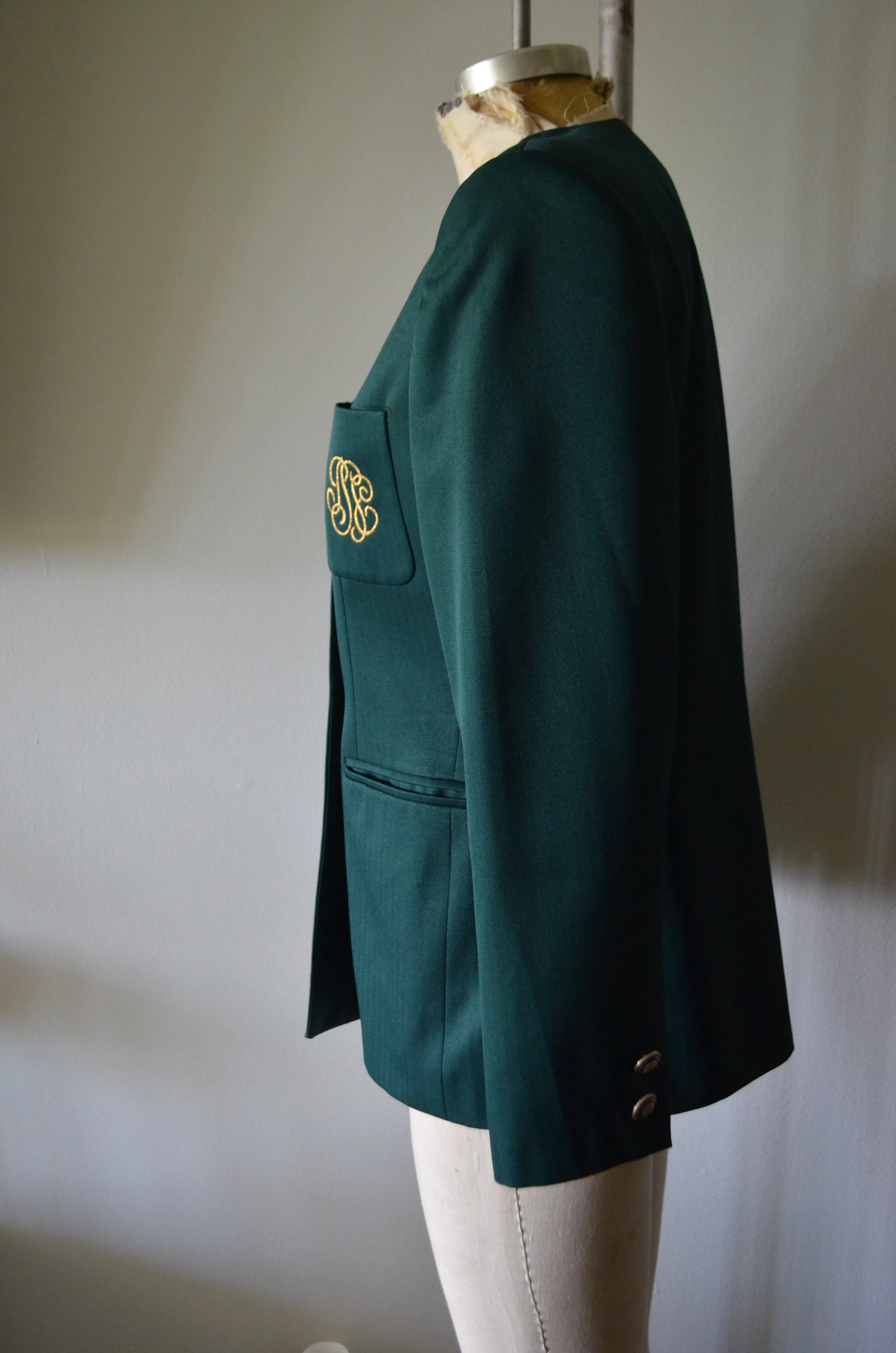 80s Dark Green tailored green Woman Double breasted blazer with gold pocket embroidery