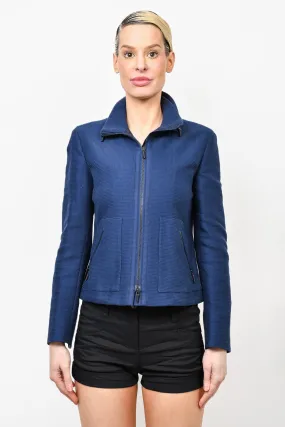 Akris Blue Textured Cotton Zip Up Jacket Size 6