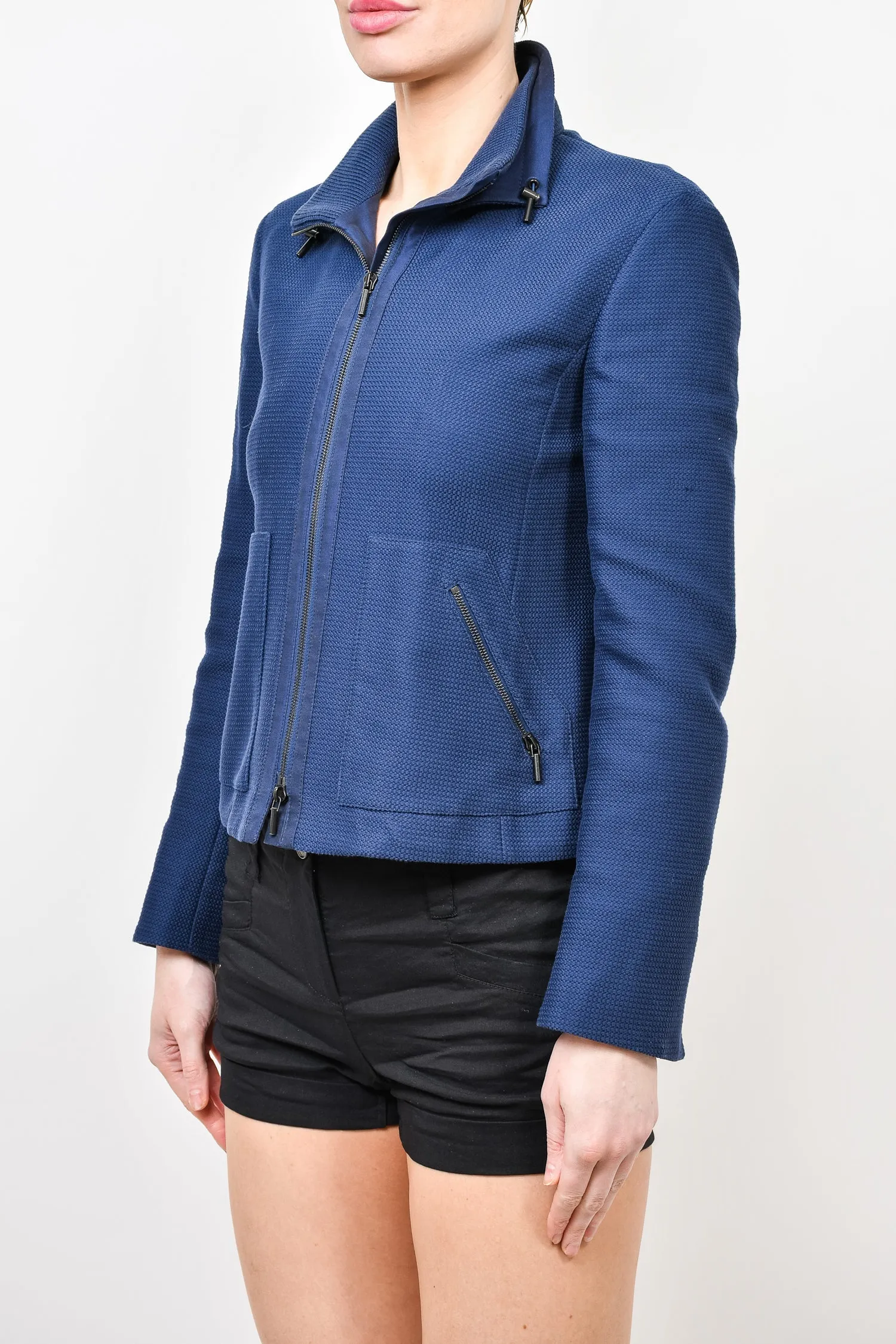 Akris Blue Textured Cotton Zip Up Jacket Size 6