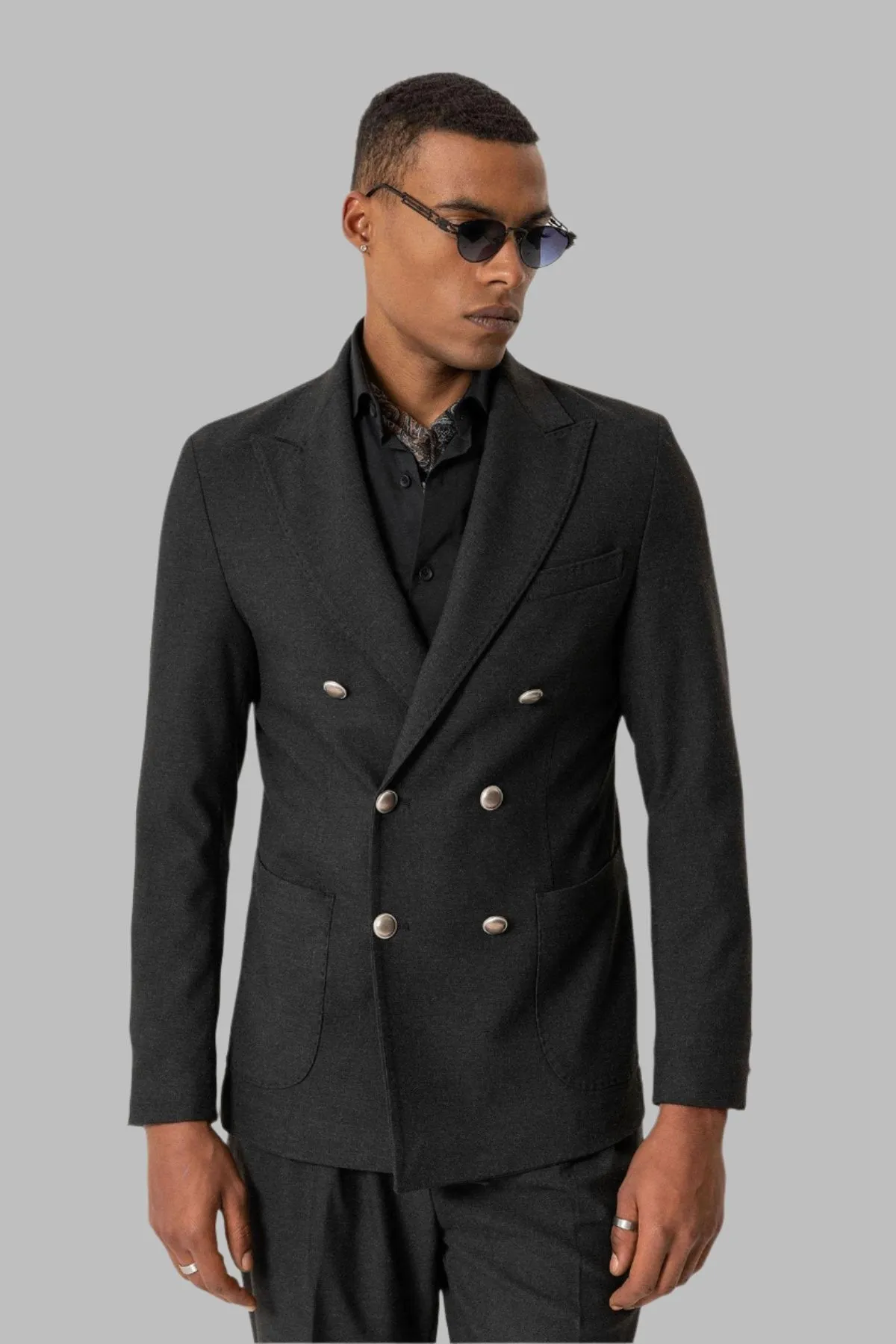 Anthracite Unlined Double-Breasted Men's Blazer Jacket - Wessi