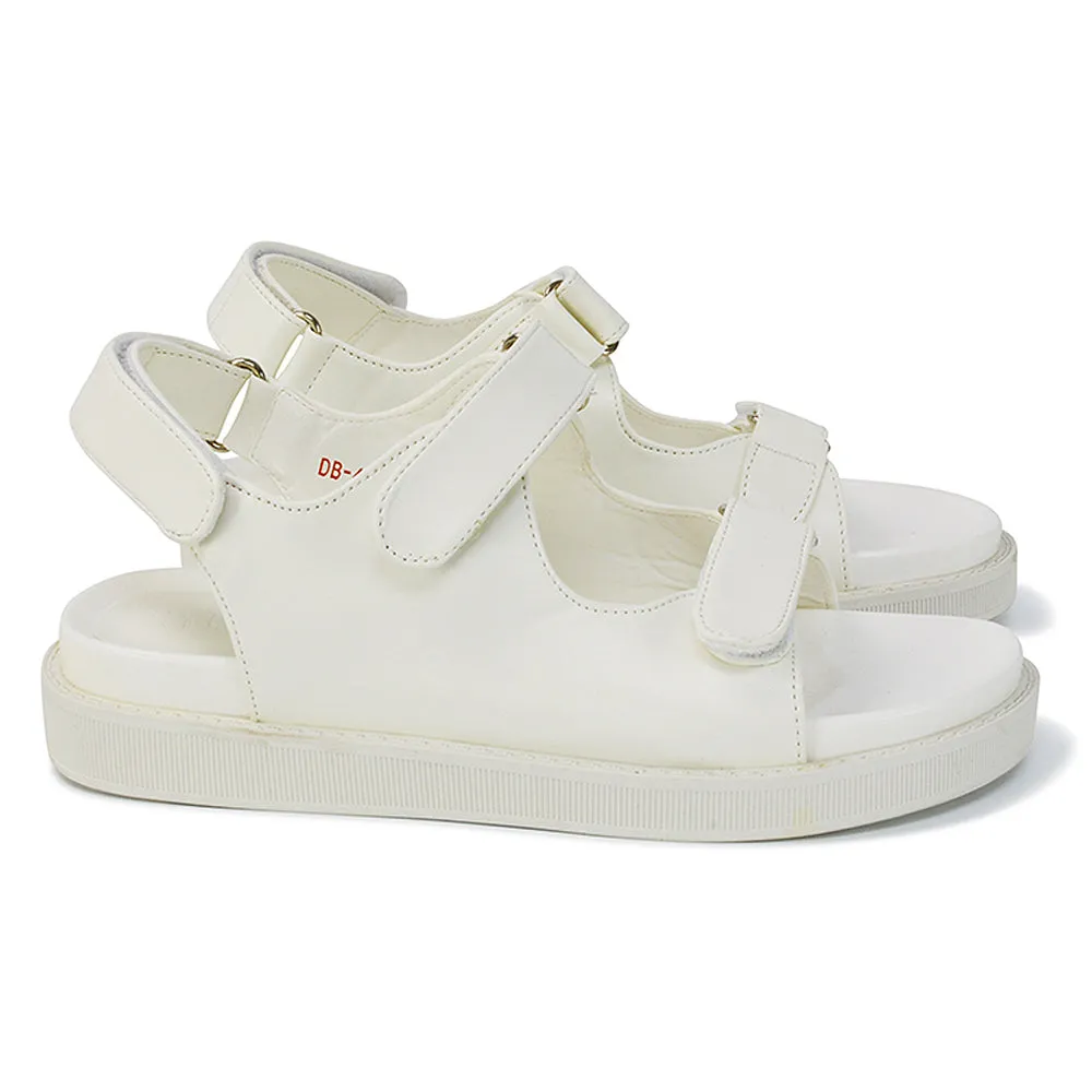 Asher Double Strap Flat Platform Heel Dad Sandals in White Synthetic Leather