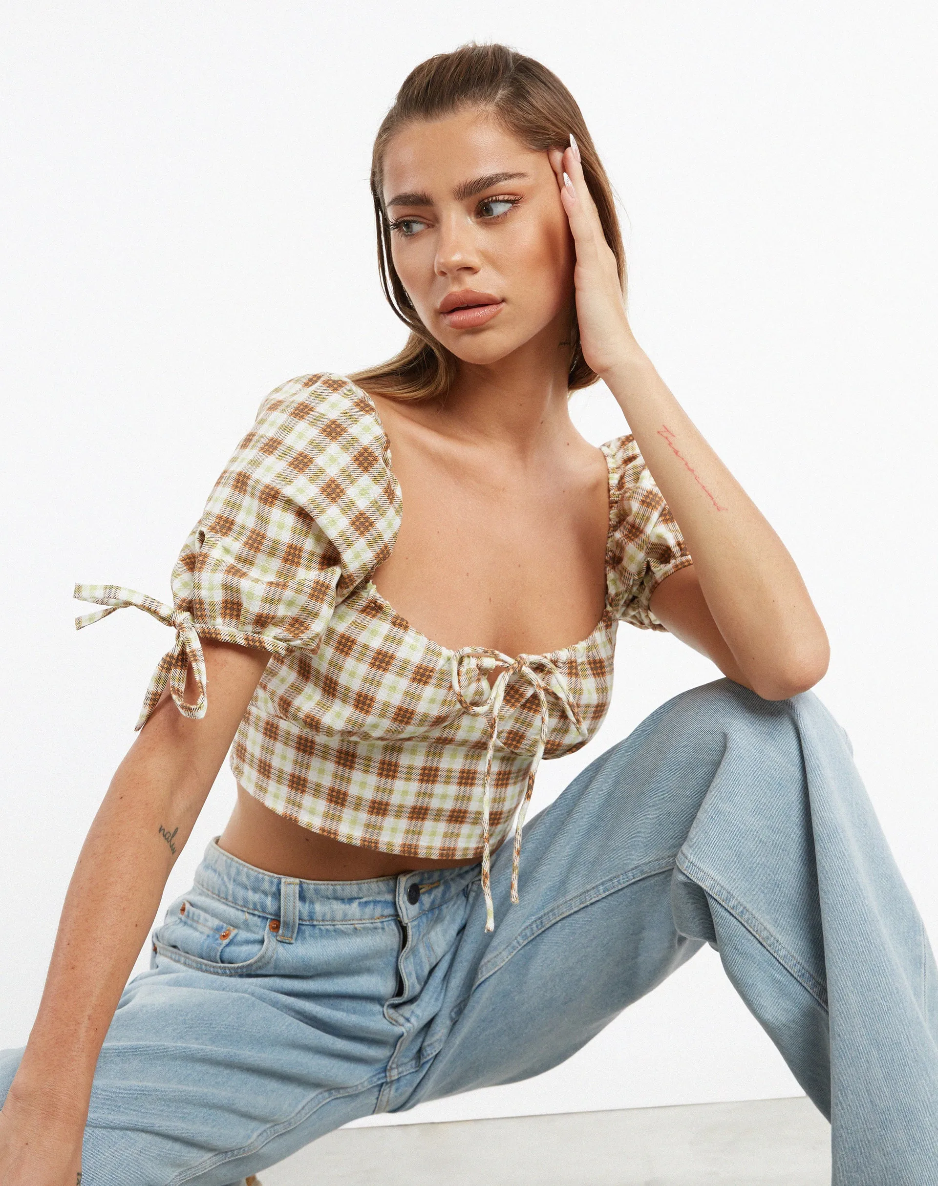 Auri Crop Top in Yellow Brown Check