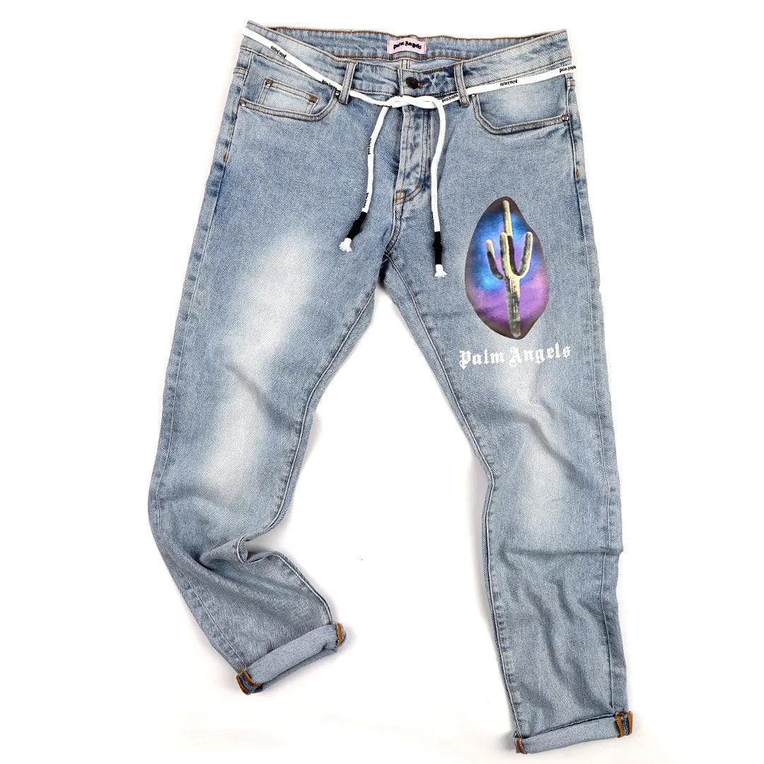 Authentic Men's Denim With Palm Angels Back Print Jeans- Blue