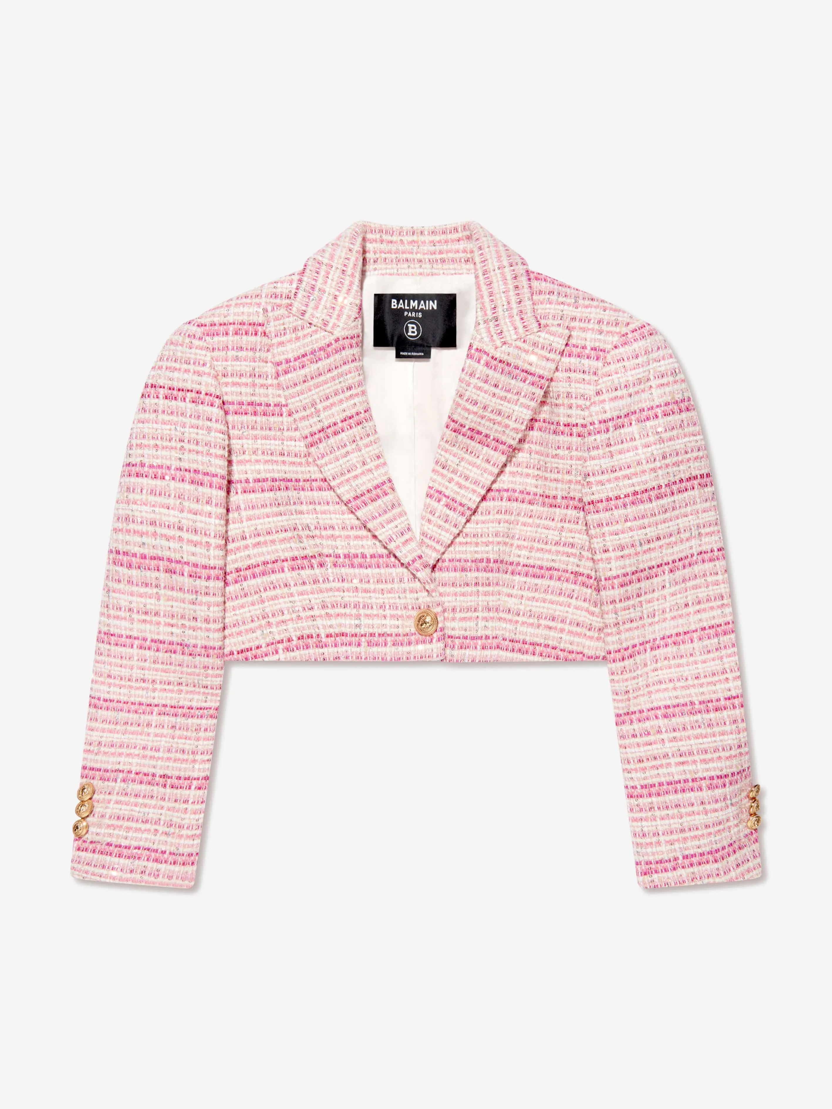 Balmain Girls Tweed Cropped Blazer in Pink