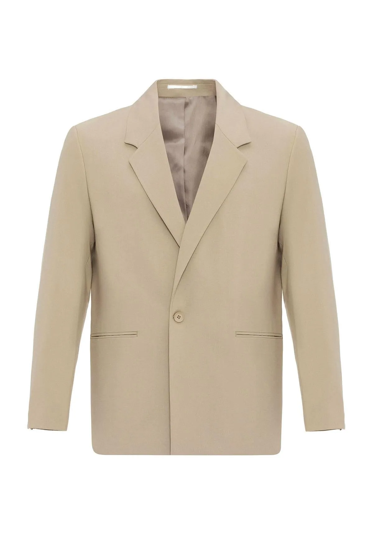 Beige Single-Button Relaxed Men's Blazer Jacket - Wessi