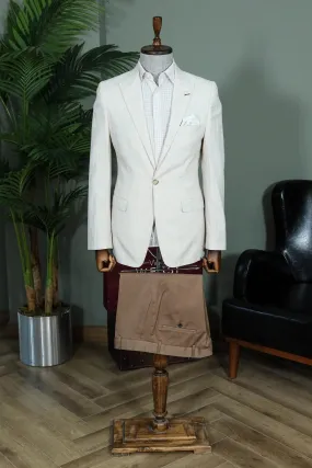 Beige Textured Single-Breasted Blazer with Brown Pants and Checkered Shirt - Casual Business Look