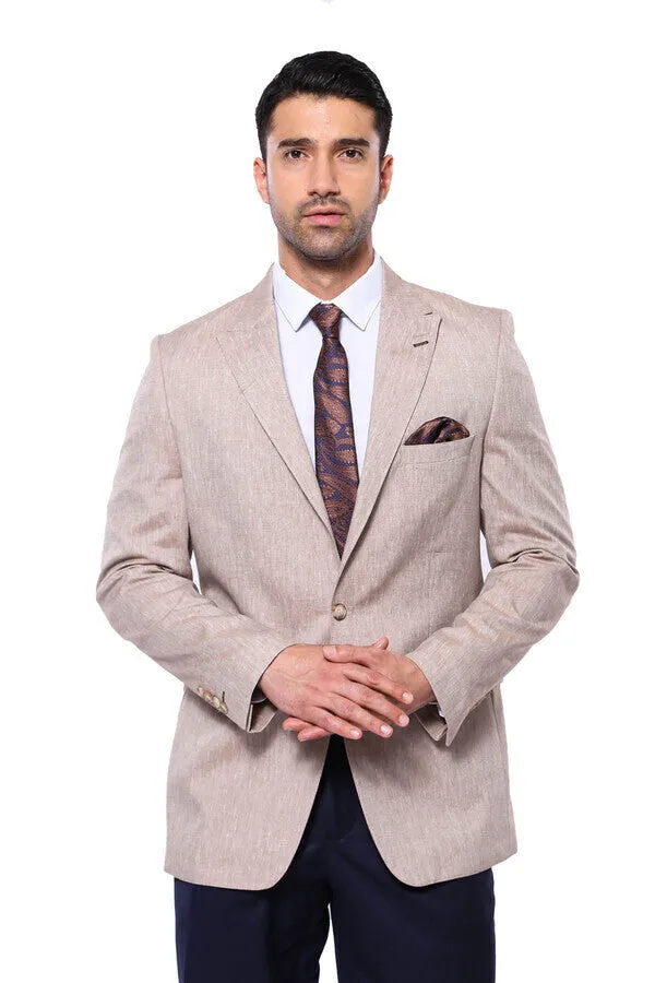 Beige Textured Single-Breasted Blazer with Brown Pants and Checkered Shirt - Casual Business Look