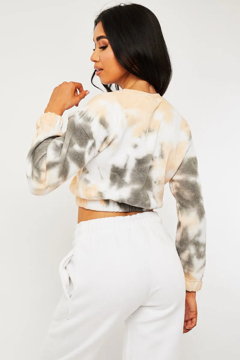 Beige Tie Dye Gathered Waist Sweatshirt - Amirra