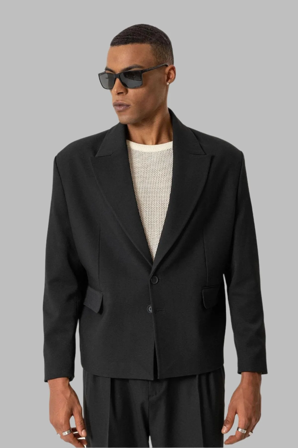 Black Crop Fit Men's Blazer Jacket - Wessi