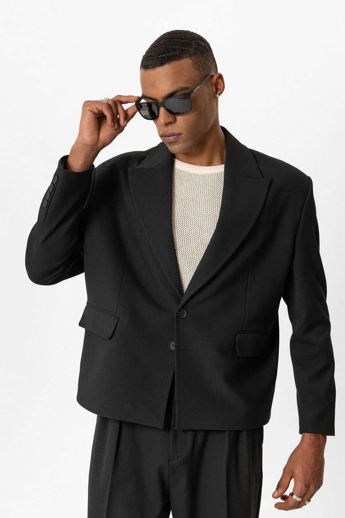 Black Crop Fit Men's Blazer Jacket - Wessi