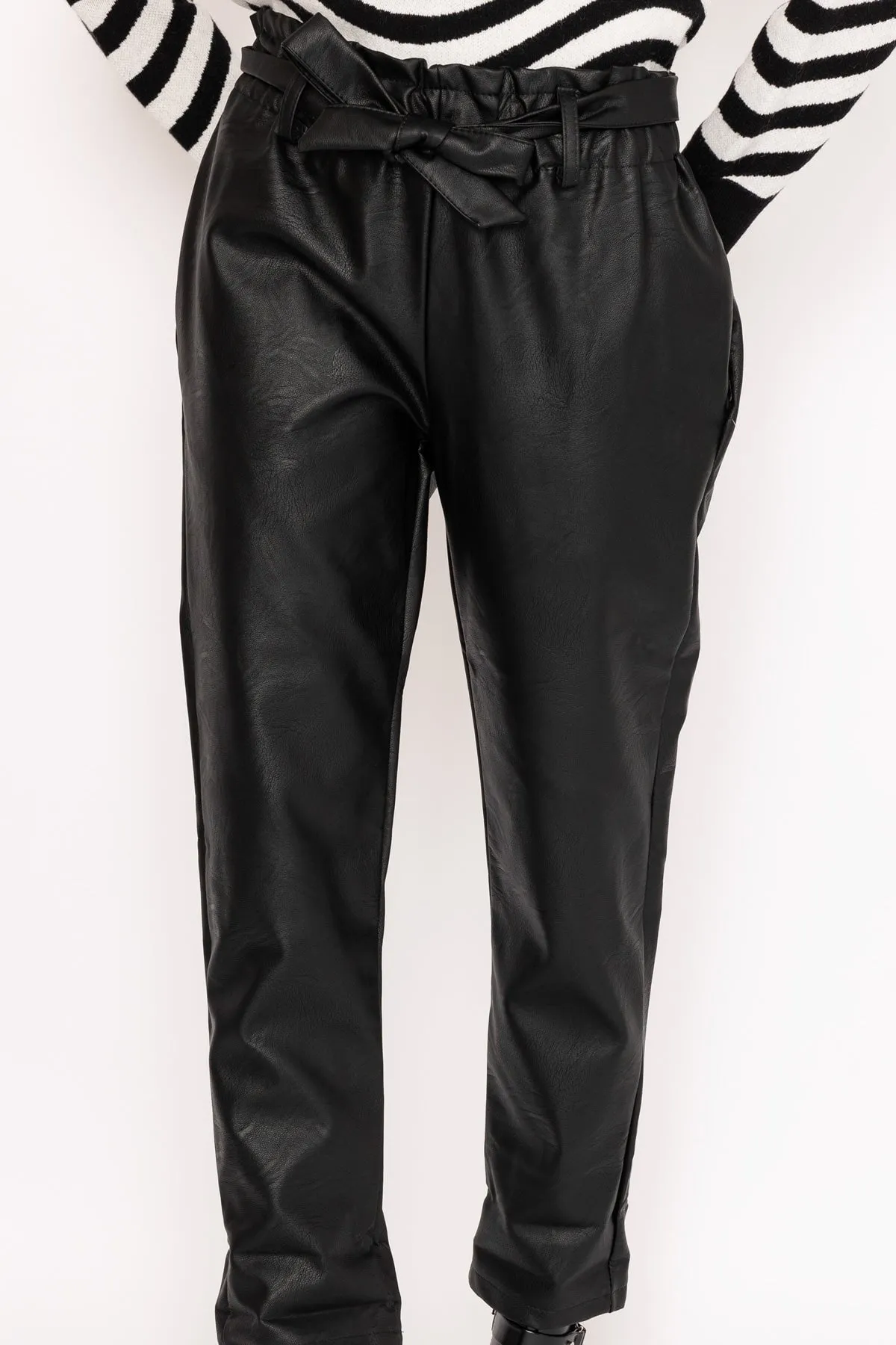 Black Faux Leather Belted Trousers