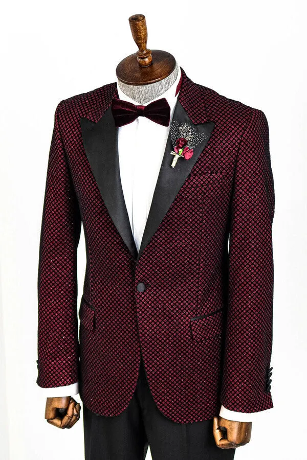 Black Patterned Over Burgundy Men Singer Tuxedo Blazer - Wessi