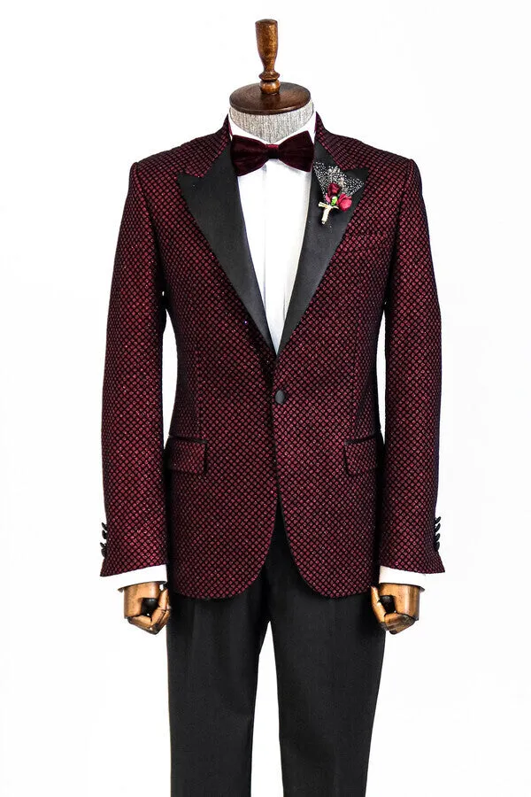 Black Patterned Over Burgundy Men Singer Tuxedo Blazer - Wessi