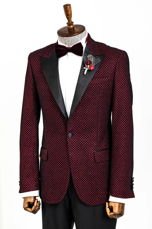 Black Patterned Over Burgundy Men Singer Tuxedo Blazer - Wessi