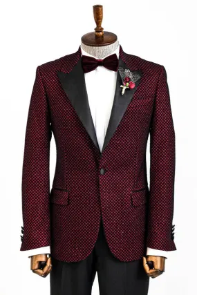 Black Patterned Over Burgundy Men Singer Tuxedo Blazer - Wessi