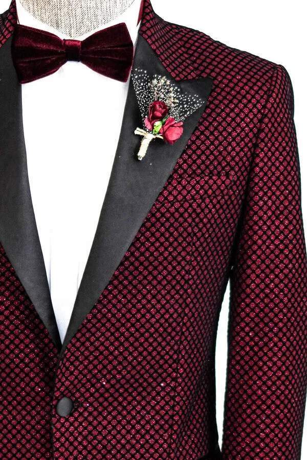 Black Patterned Over Burgundy Men Singer Tuxedo Blazer - Wessi