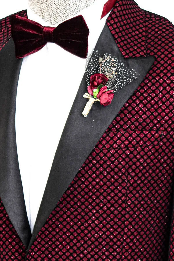 Black Patterned Over Burgundy Men Singer Tuxedo Blazer - Wessi