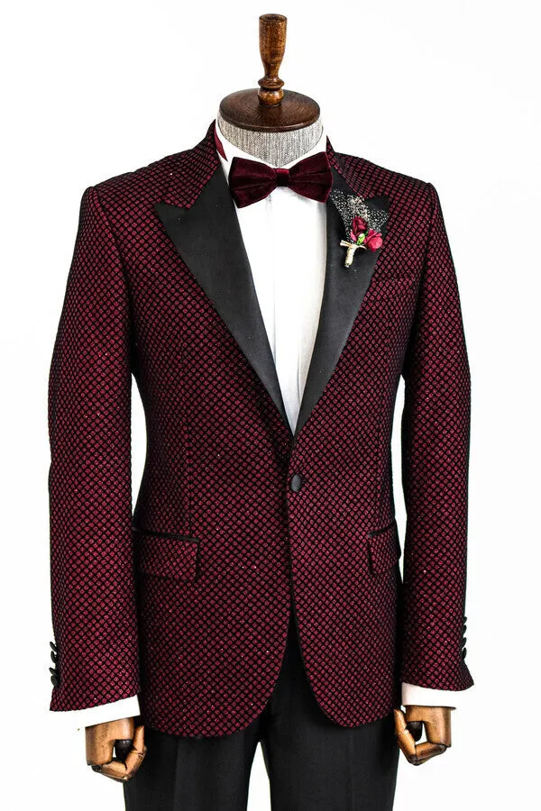 Black Patterned Over Burgundy Men Singer Tuxedo Blazer - Wessi