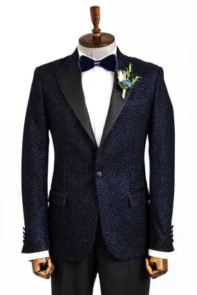 Black Patterned Over Navy Blue Men Prom Blazer and Trousers Combination- Wessi