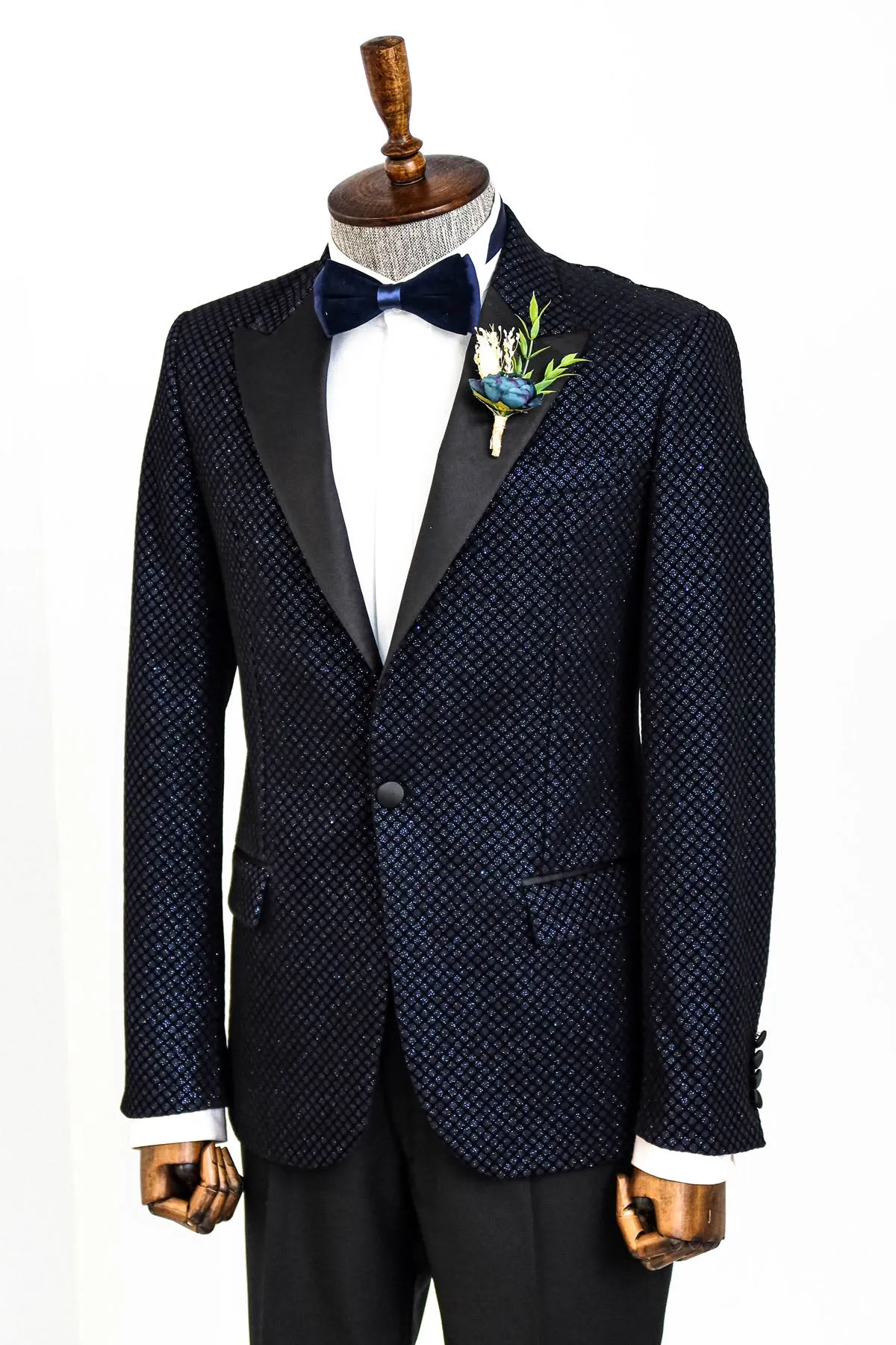 Black Patterned Over Navy Blue Men Prom Blazer and Trousers Combination- Wessi