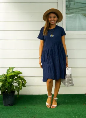 Blue Raw Natural Crinkled Cotton Midi Dress with Pocket