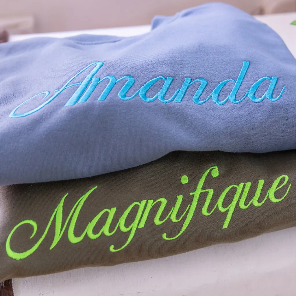 Blue Sweatshirt with Neon Blue Slogan of your choice!