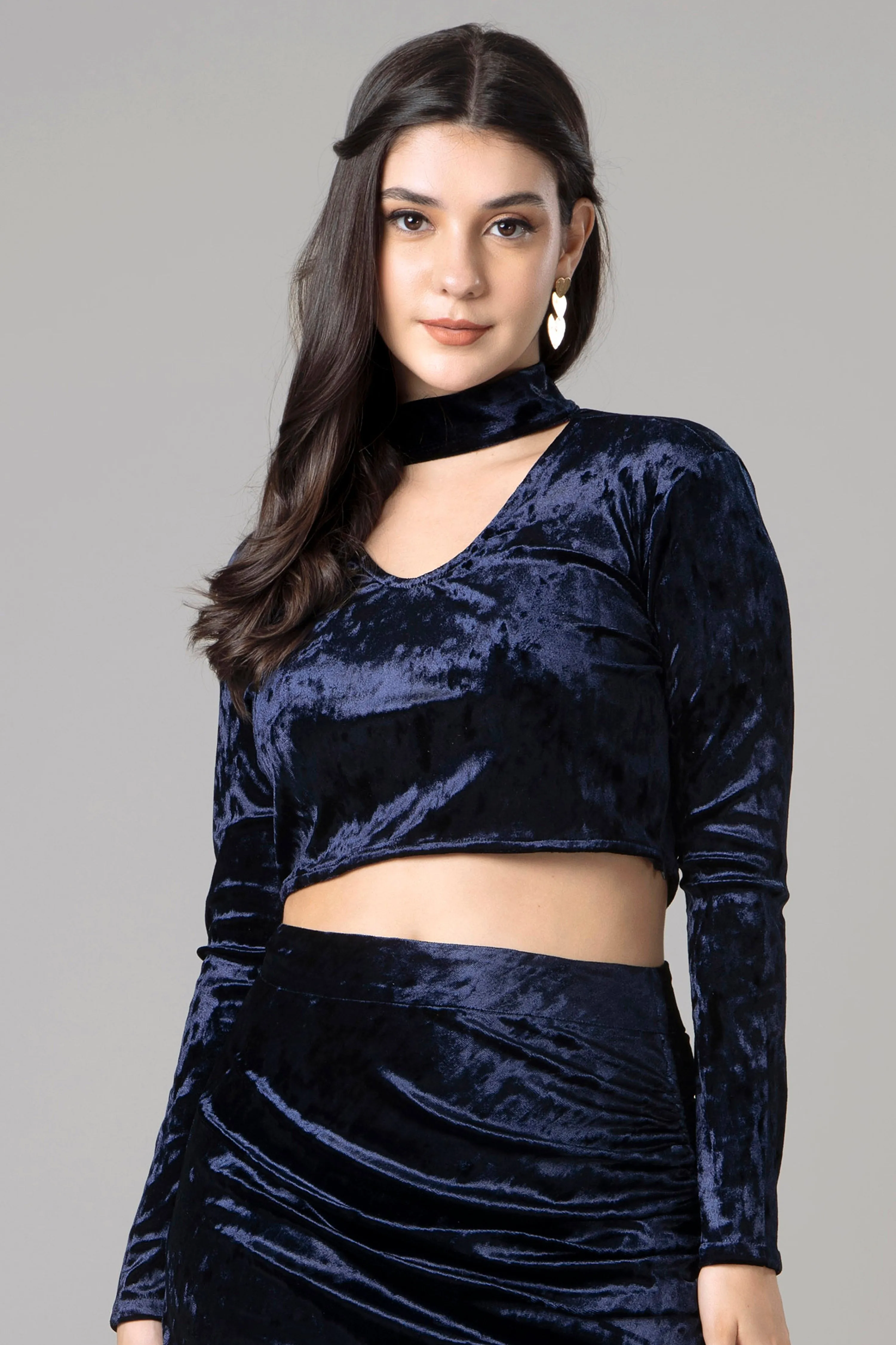 Blue Velvet Choker Neck Crop Top For Women