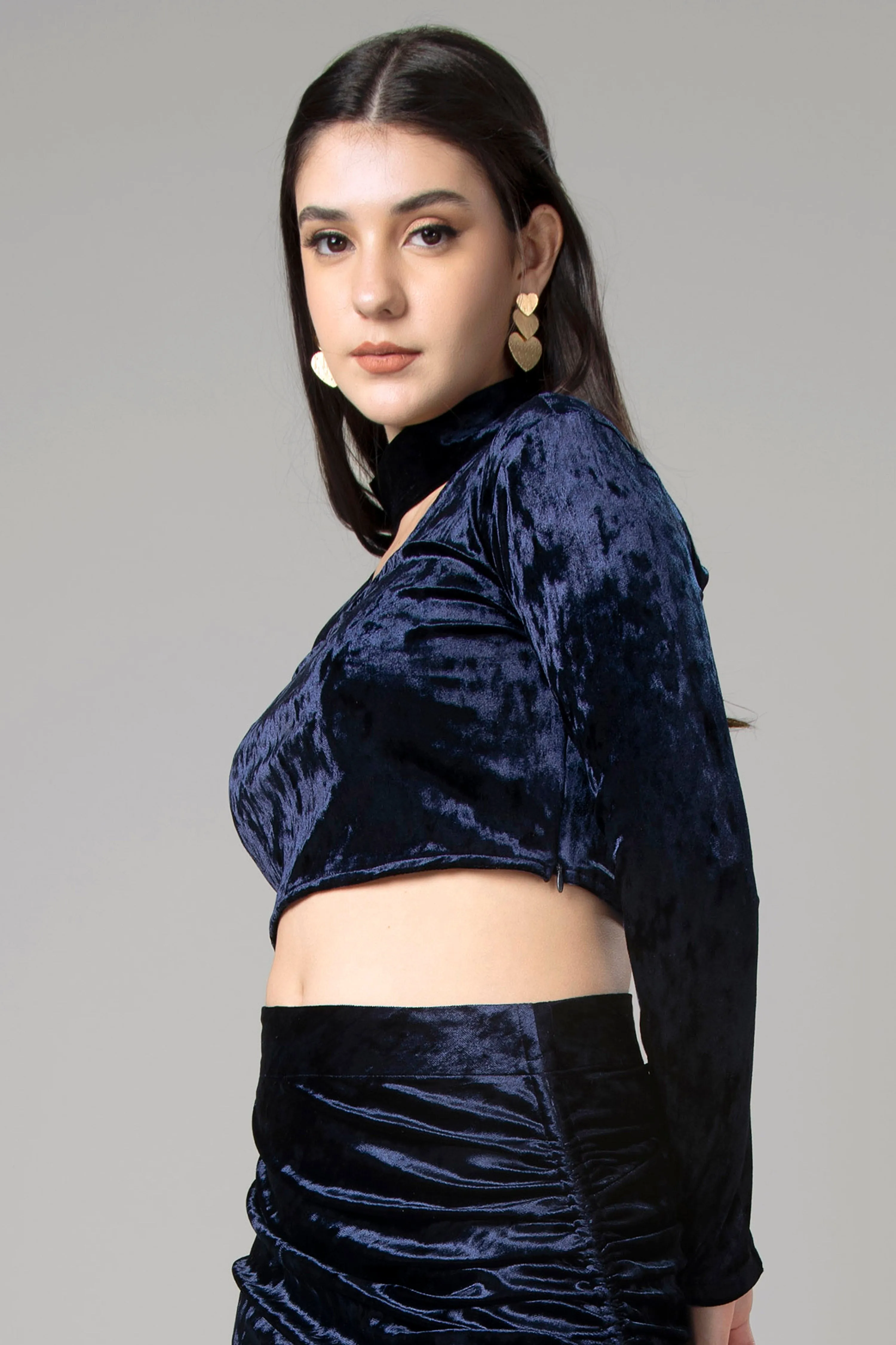 Blue Velvet Choker Neck Crop Top For Women