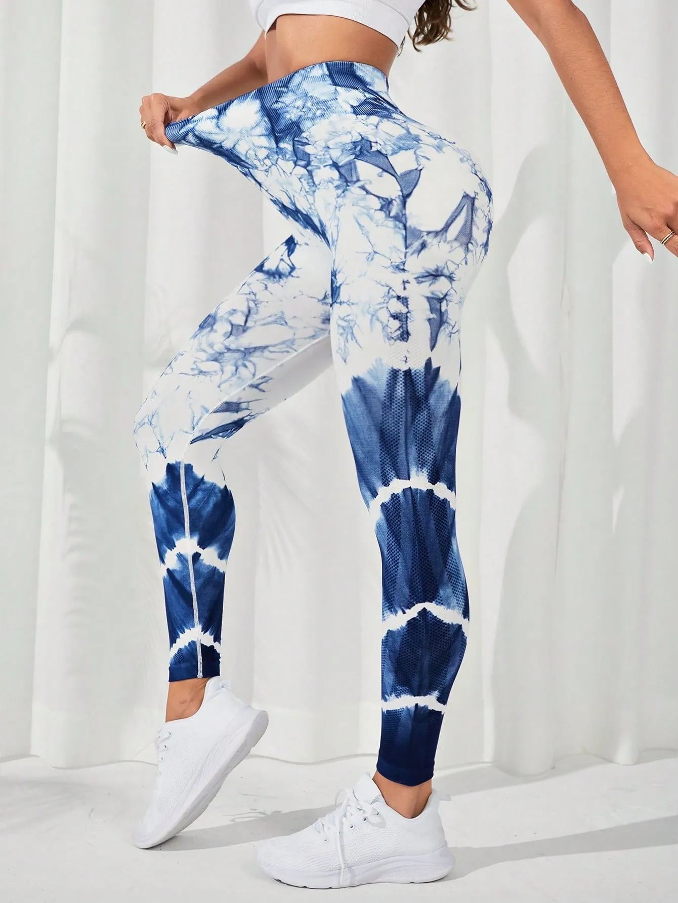 Blue White Tie Dye Tummy Control Sports Leggings