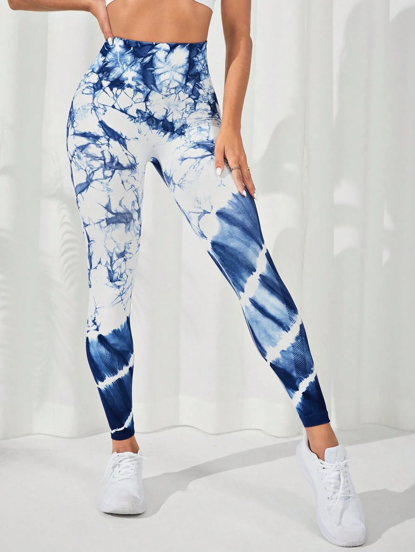 Blue White Tie Dye Tummy Control Sports Leggings