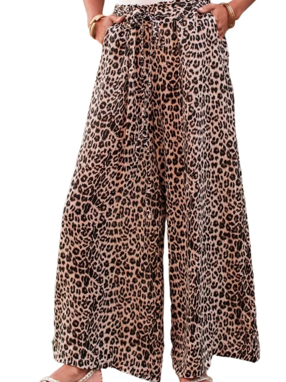 Bohemian Desert Palm Leopard Wide Leg Trousers