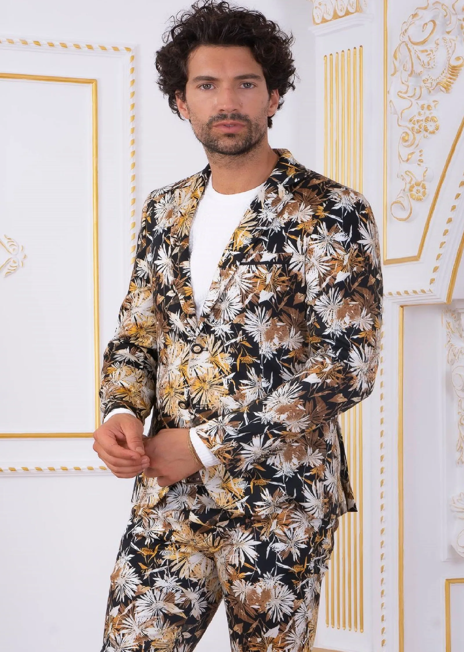 Brown Beige Floral Print 2-Pieces Suit