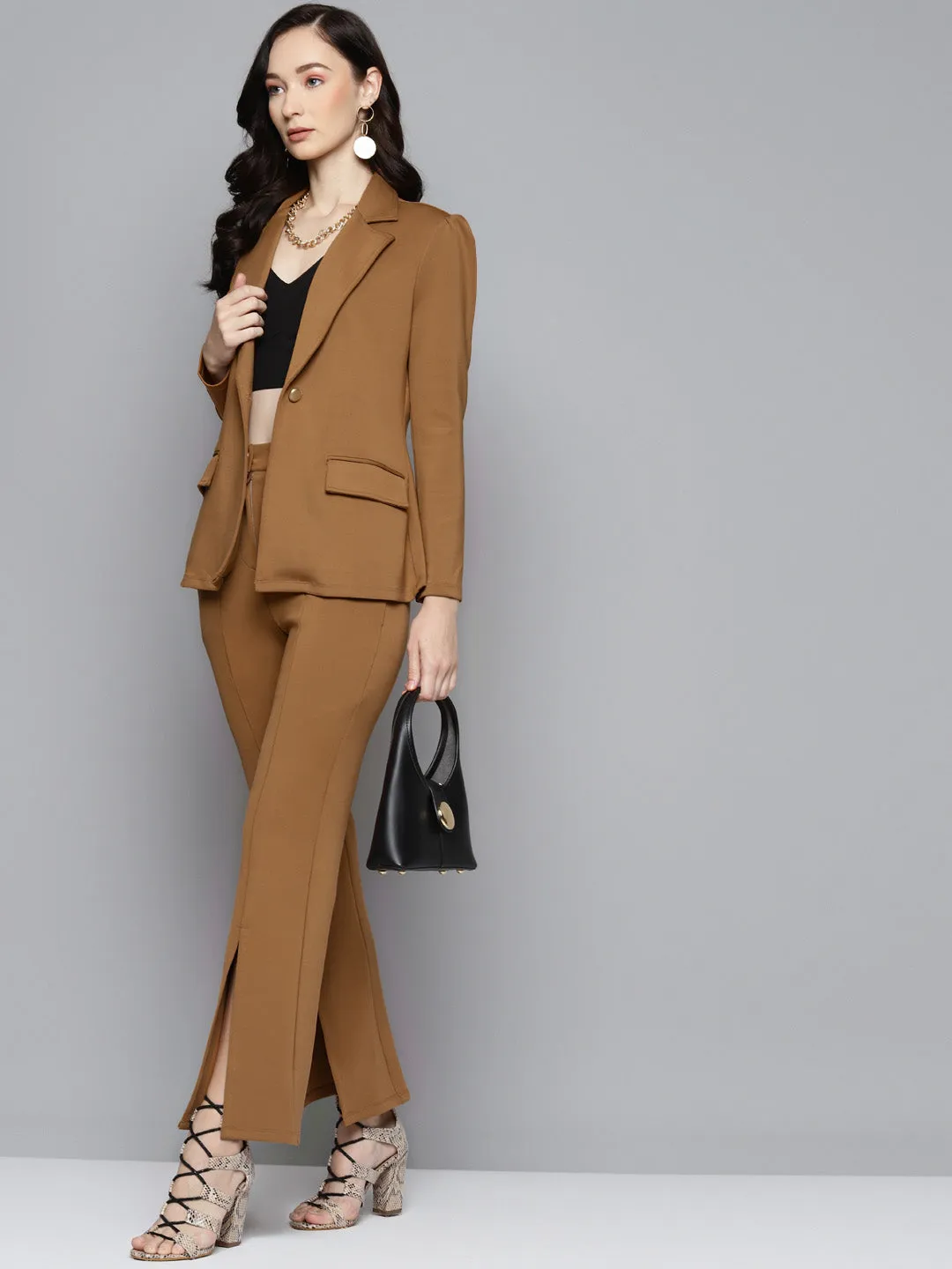 Brown Scuba Puff Sleeves Blazer