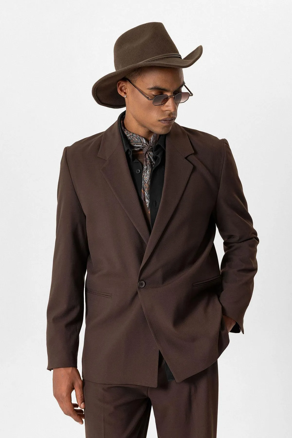 Brown Single-Button Relaxed Men's Blazer Jacket - Wessi