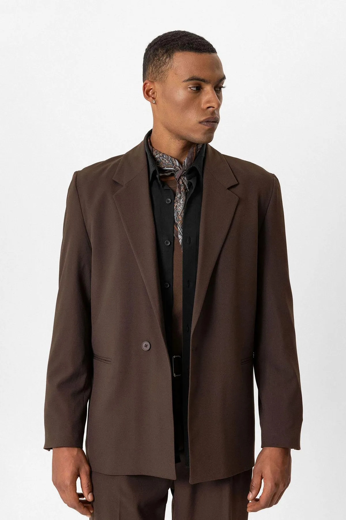 Brown Single-Button Relaxed Men's Blazer Jacket - Wessi