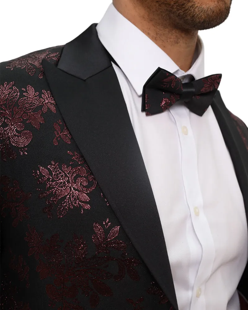 Burgundy Floral Design Blazer with Contrasting Lapel & Matching Bow Tie