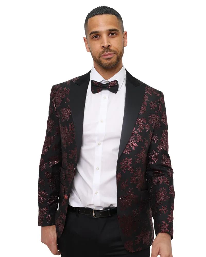 Burgundy Floral Design Blazer with Contrasting Lapel & Matching Bow Tie